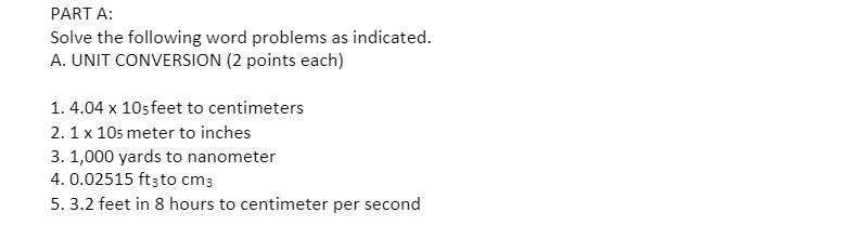 PART A: Solve the following word problems as