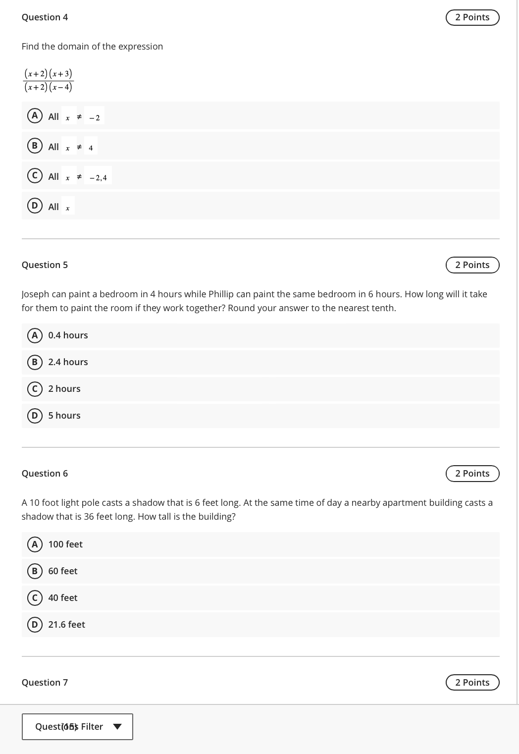 Question 1 2 Points Find the domain of the