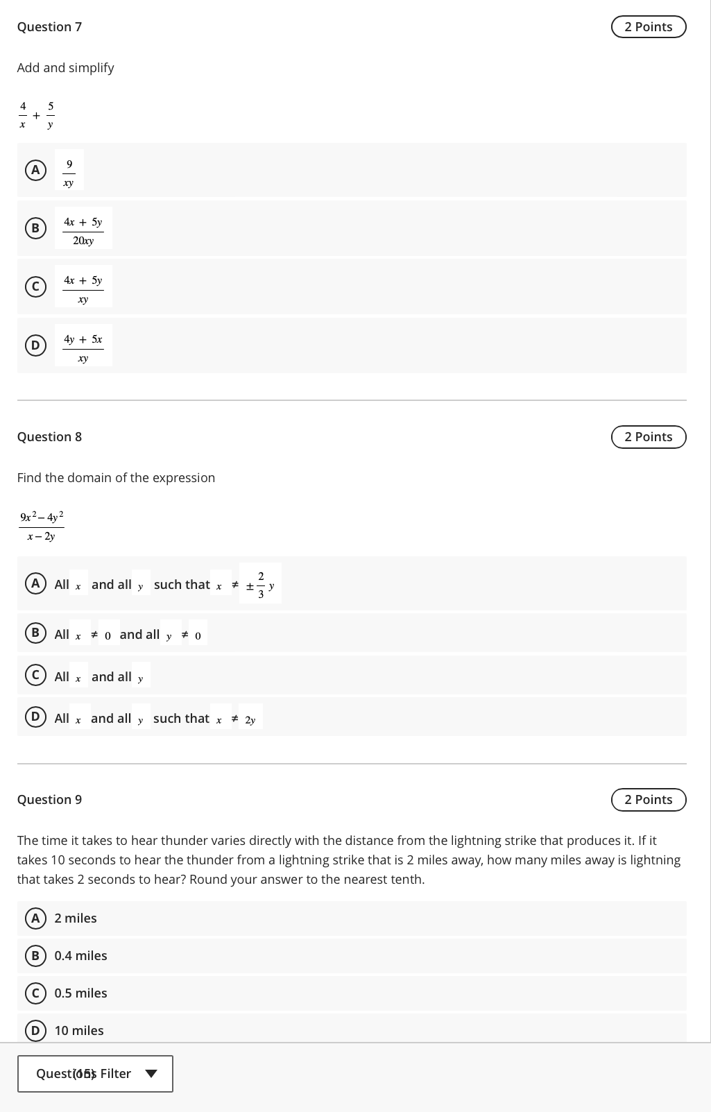 Question 1 2 Points Find the domain of the
