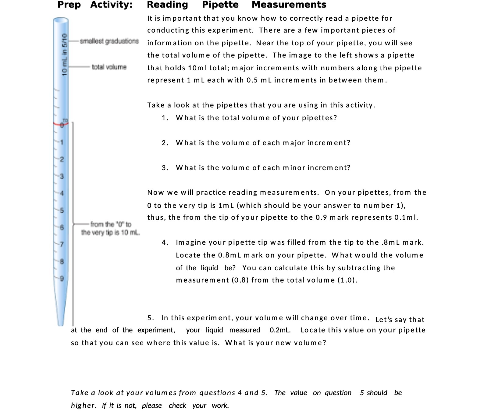Prep Activity: Reading Pipette Measurements It is