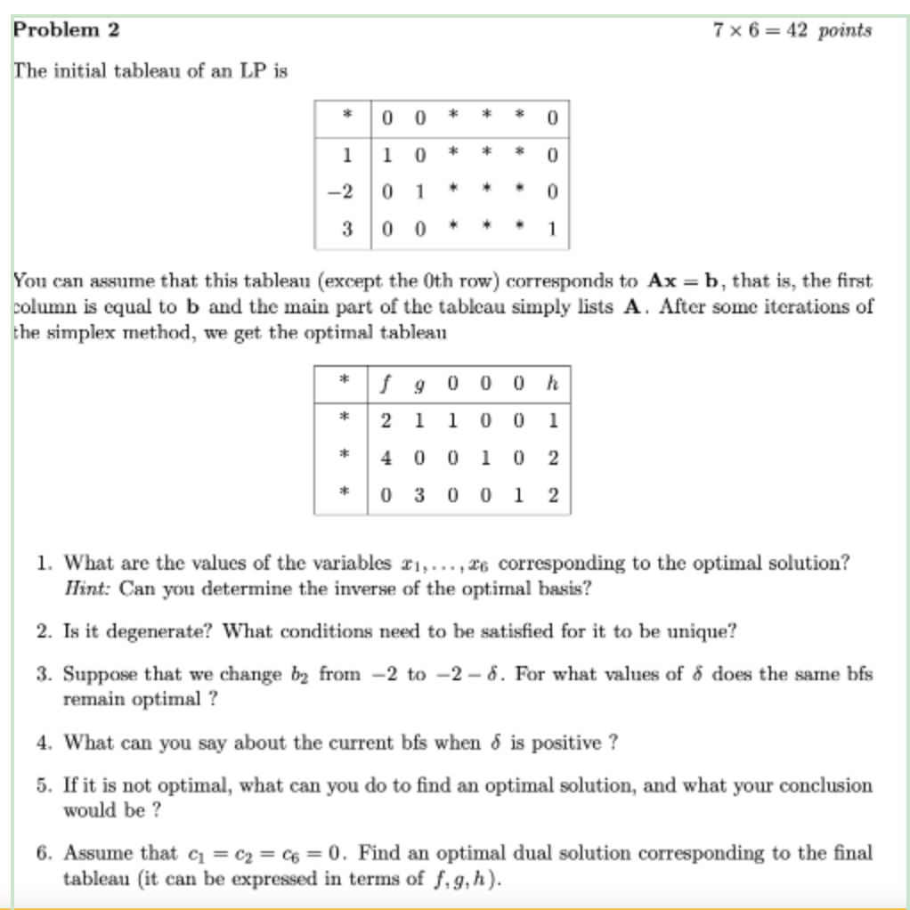 Problem 2 7 x 6 = 42 points The initial tableau