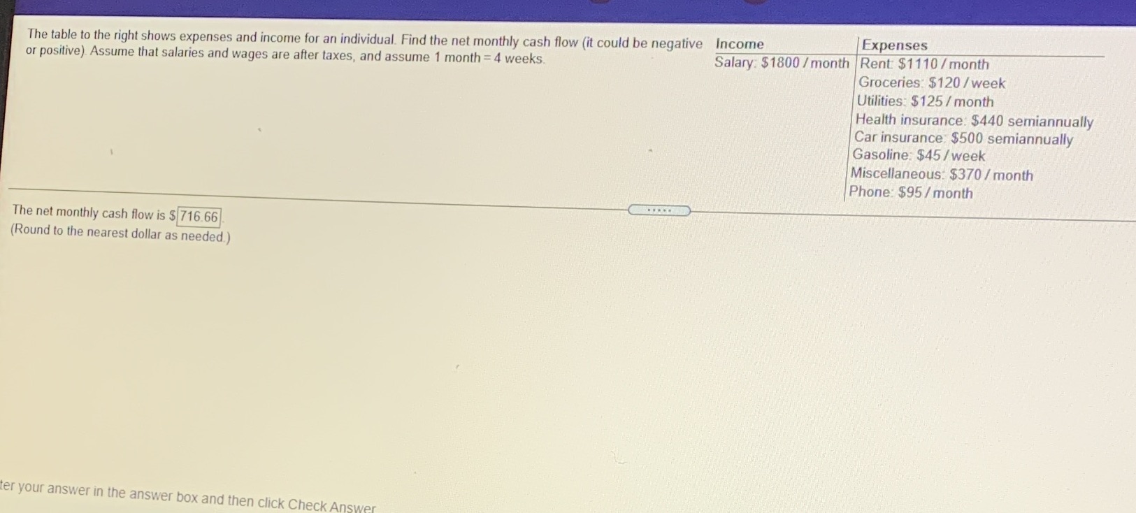 The table to the right shows expenses and income