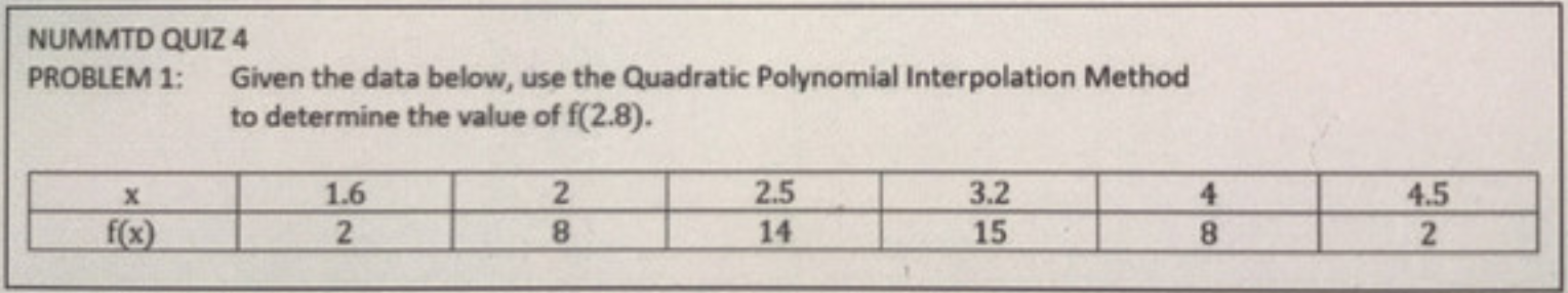 NUMMTD QUIZ 4 PROBLEM 1: Given the data below,