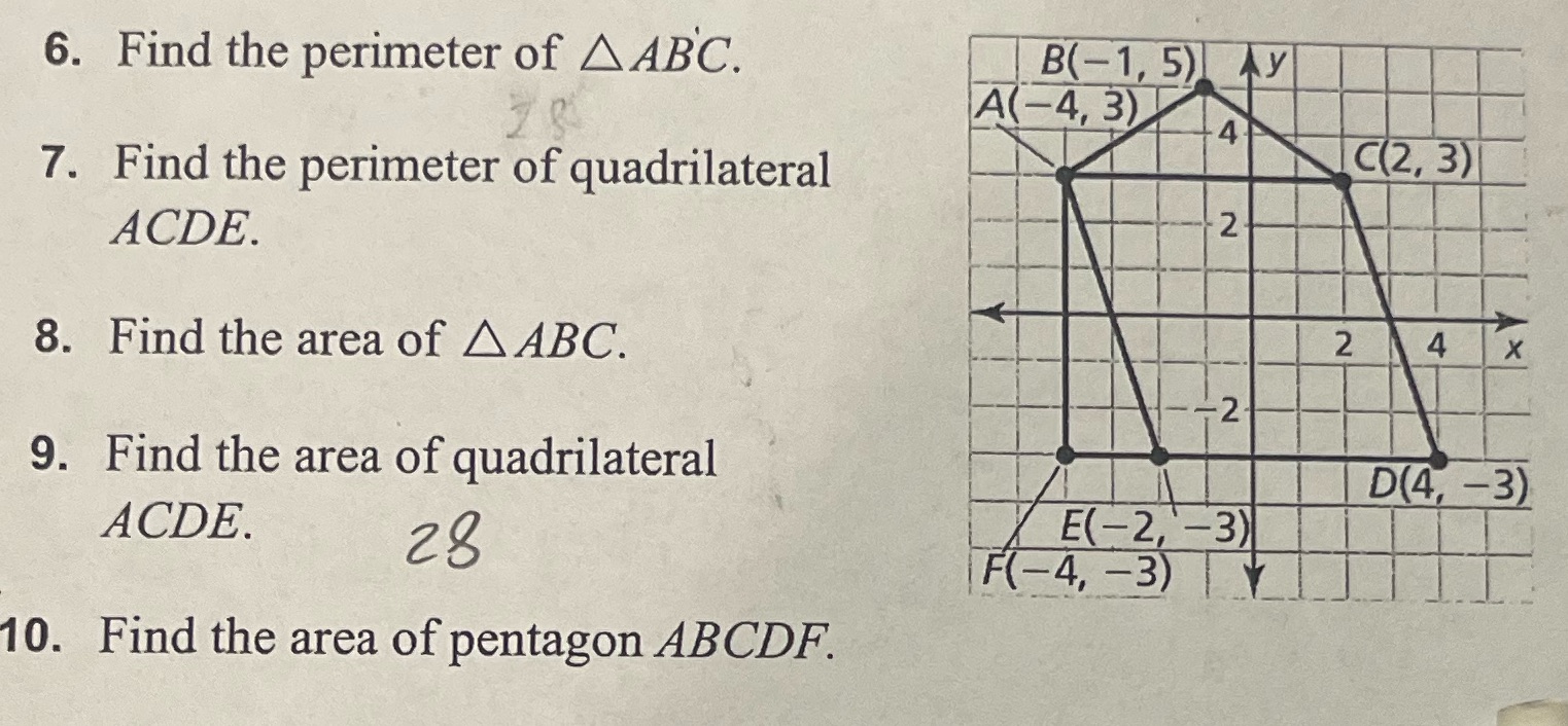6. Find the perimeter of A ABC. B(- 1, 5) Ay
