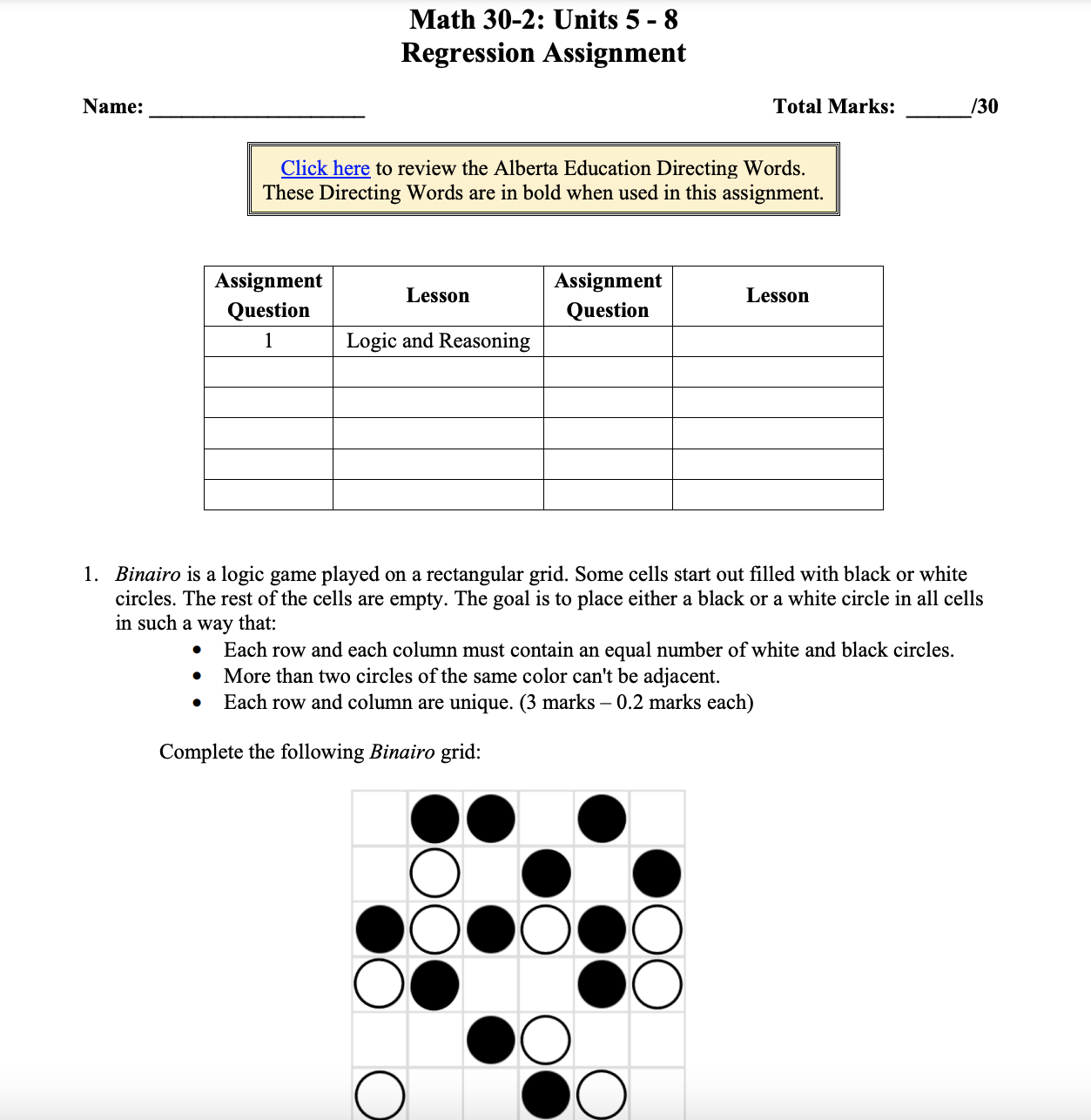 Math 30-2: Units 5 - 8 Regression Assignment