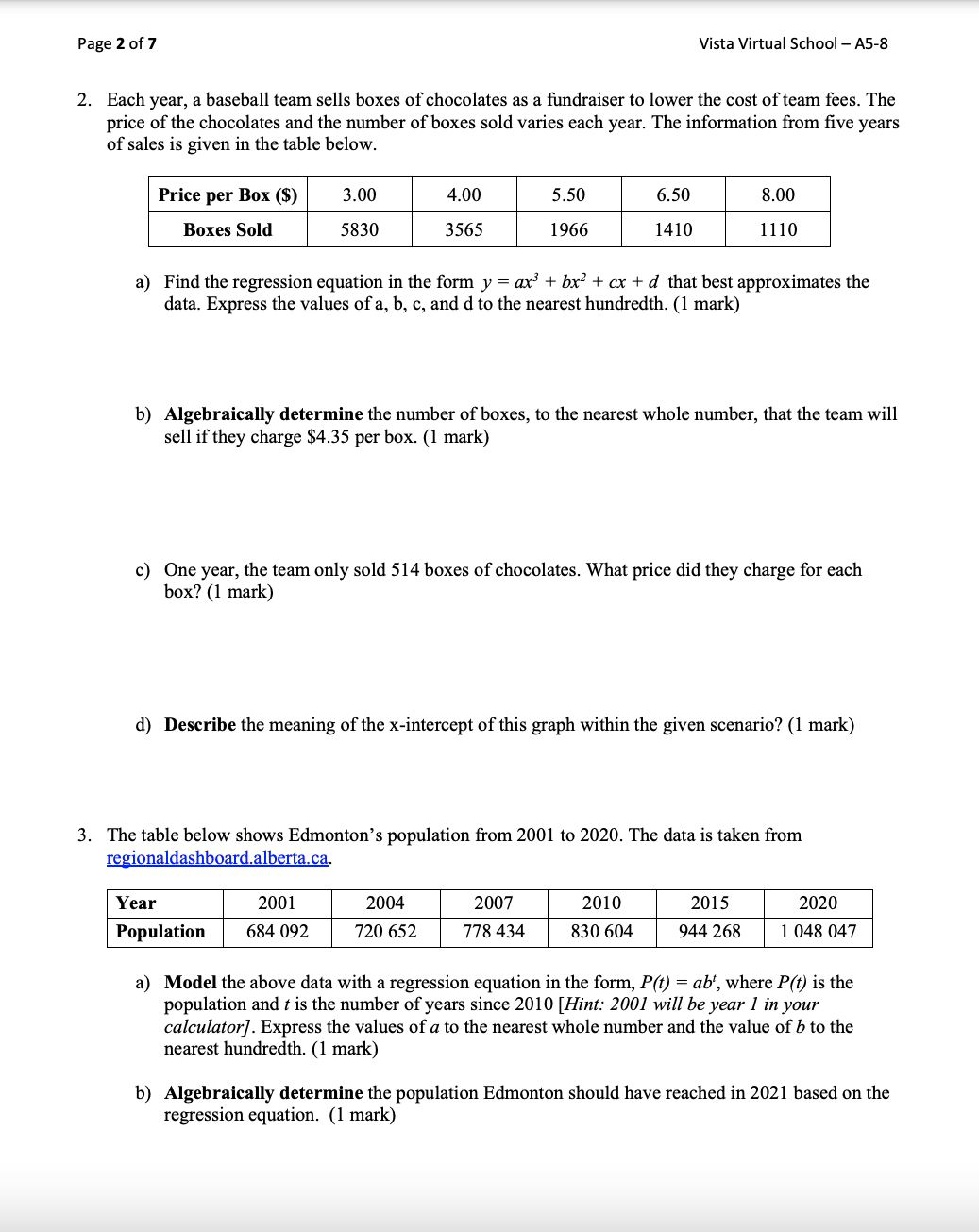 Math 30-2: Units 5 - 8 Regression Assignment