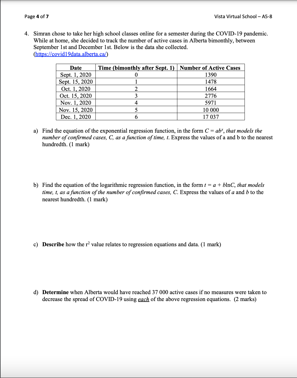 Math 30-2: Units 5 - 8 Regression Assignment