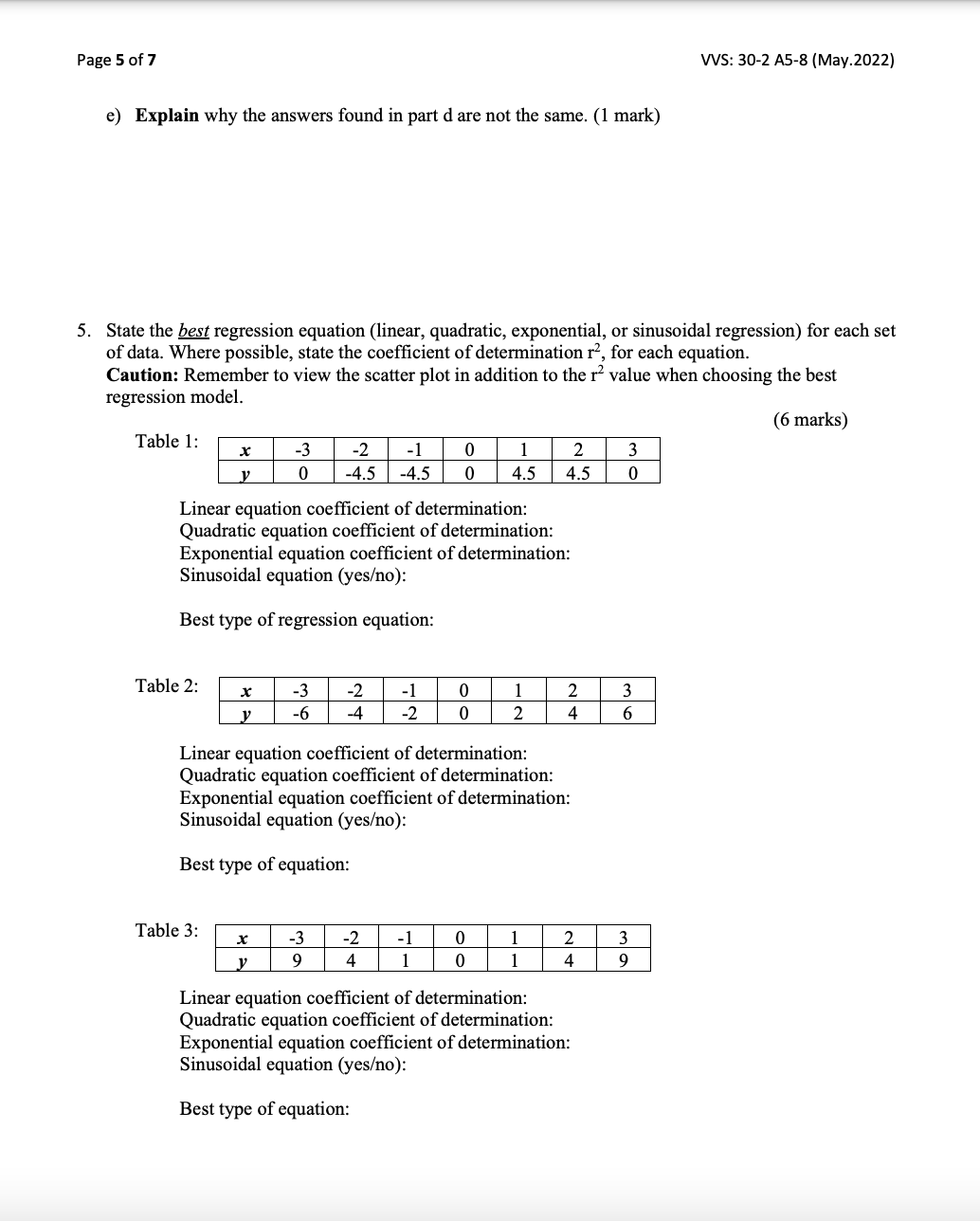 Math 30-2: Units 5 - 8 Regression Assignment
