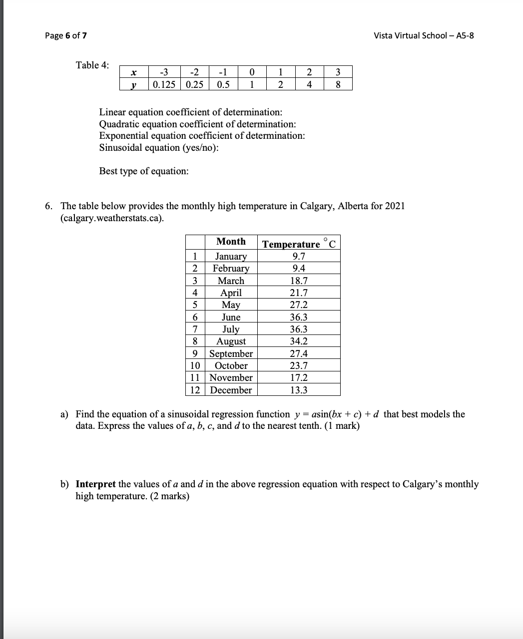 Math 30-2: Units 5 - 8 Regression Assignment