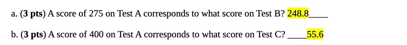 a. (3 pts) A score of 275 on Test A corresponds