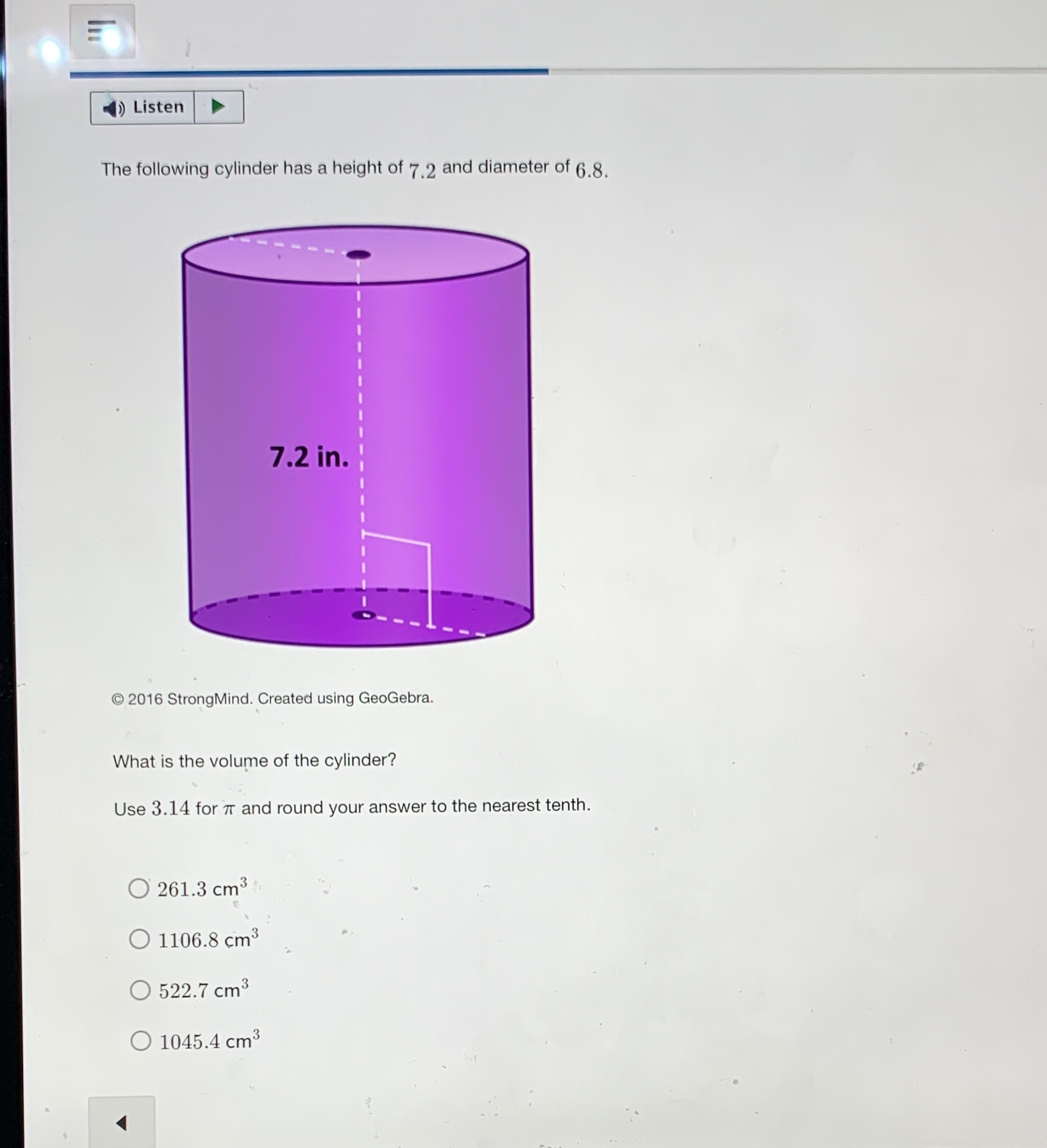_u\" The foliowing cylinder has a height of 7.2