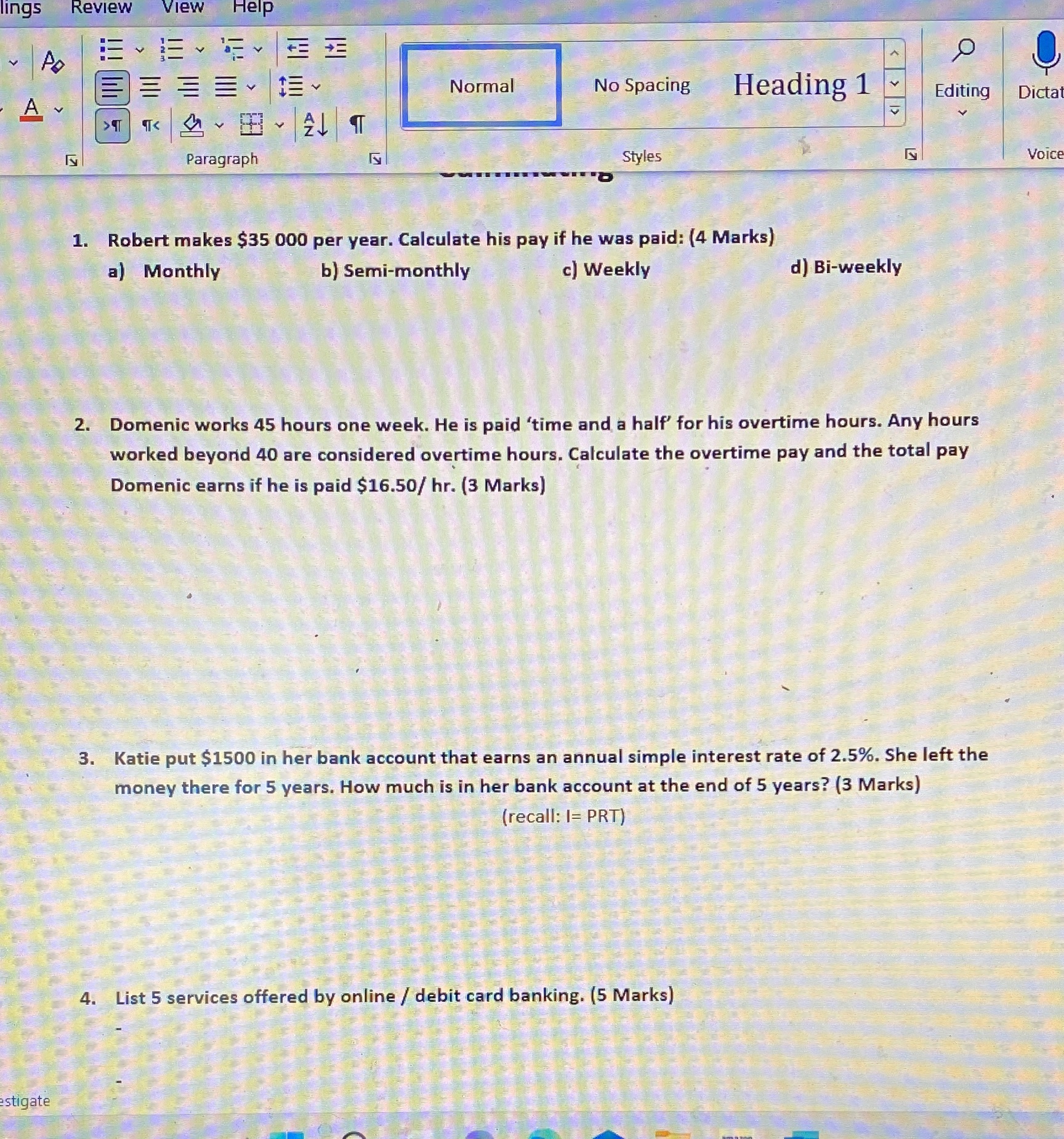 ings Review View Help Normal No Spacing Heading 1