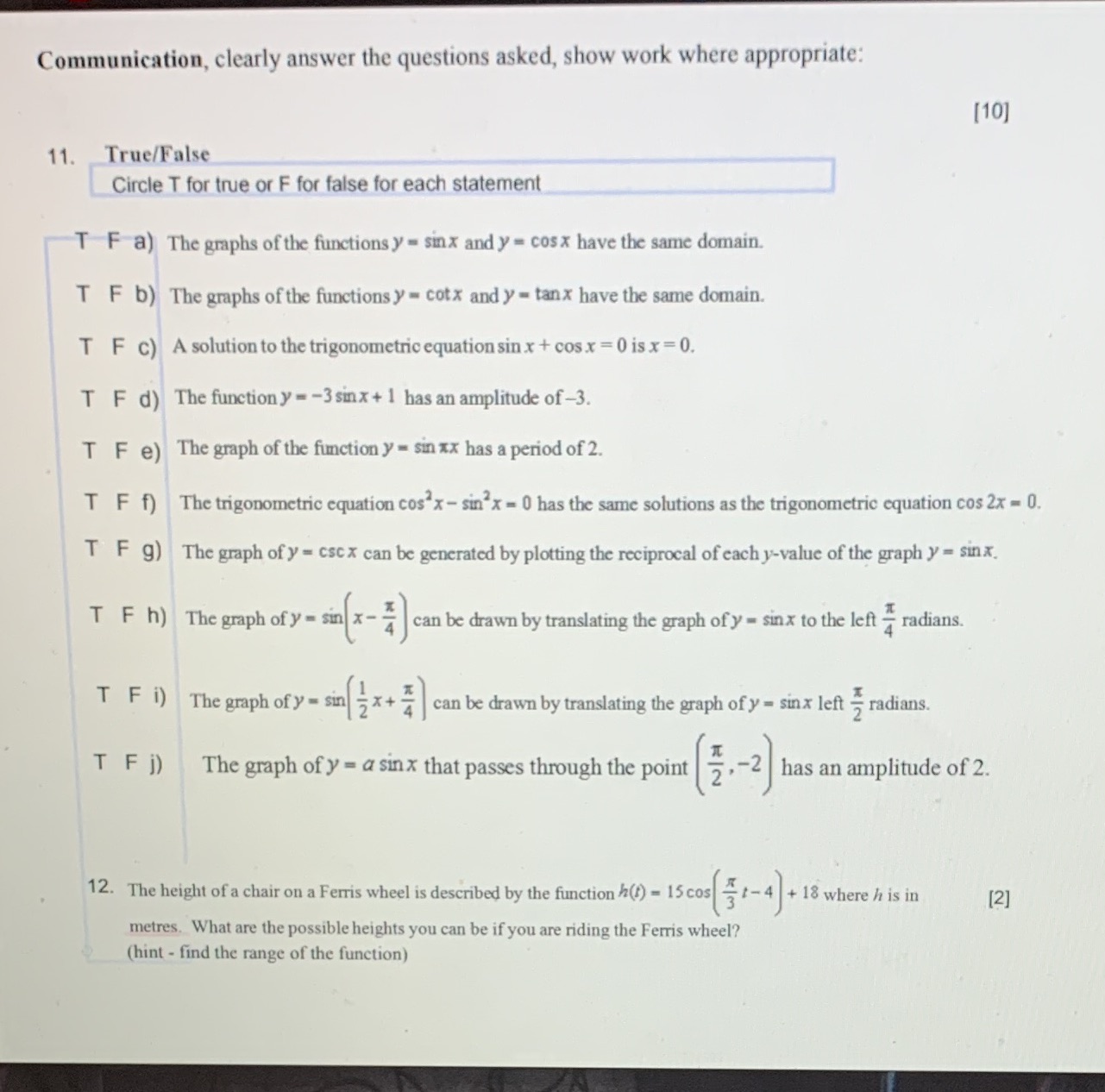 11-12 Communication, clearly answer the questions