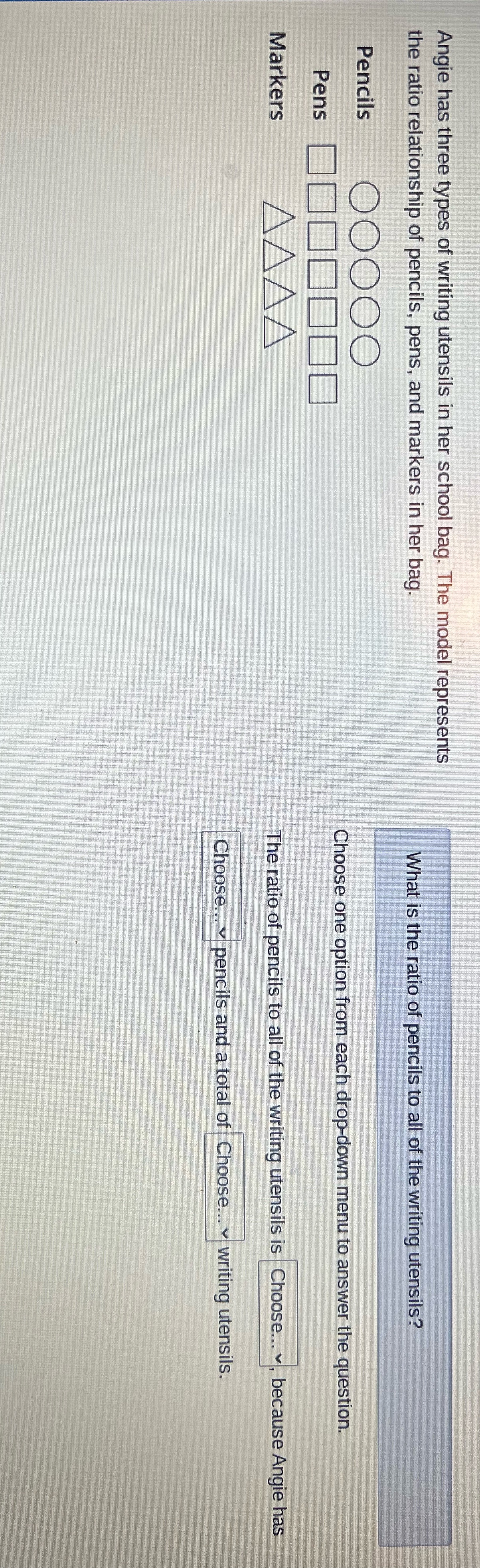 Angie has three types of writing utensils in her