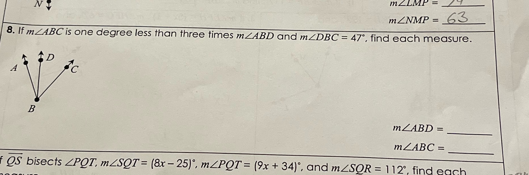 If m mZLMP = _ N mZNMP = 63 8. If mZABC is one