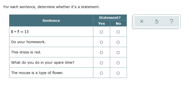 10 math questions For each sentencer determine