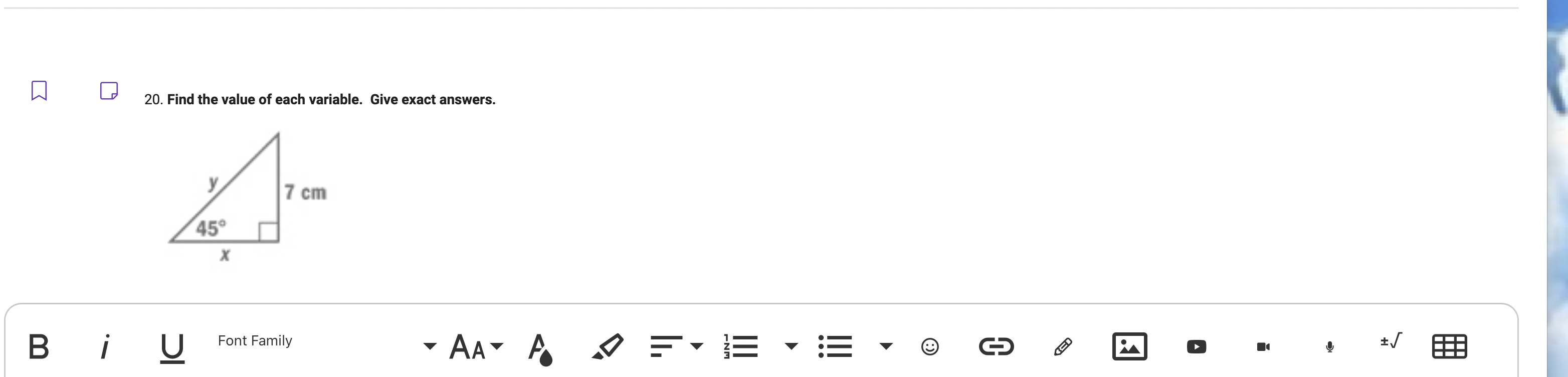 Q 19. Find the value of each variable. Give exact