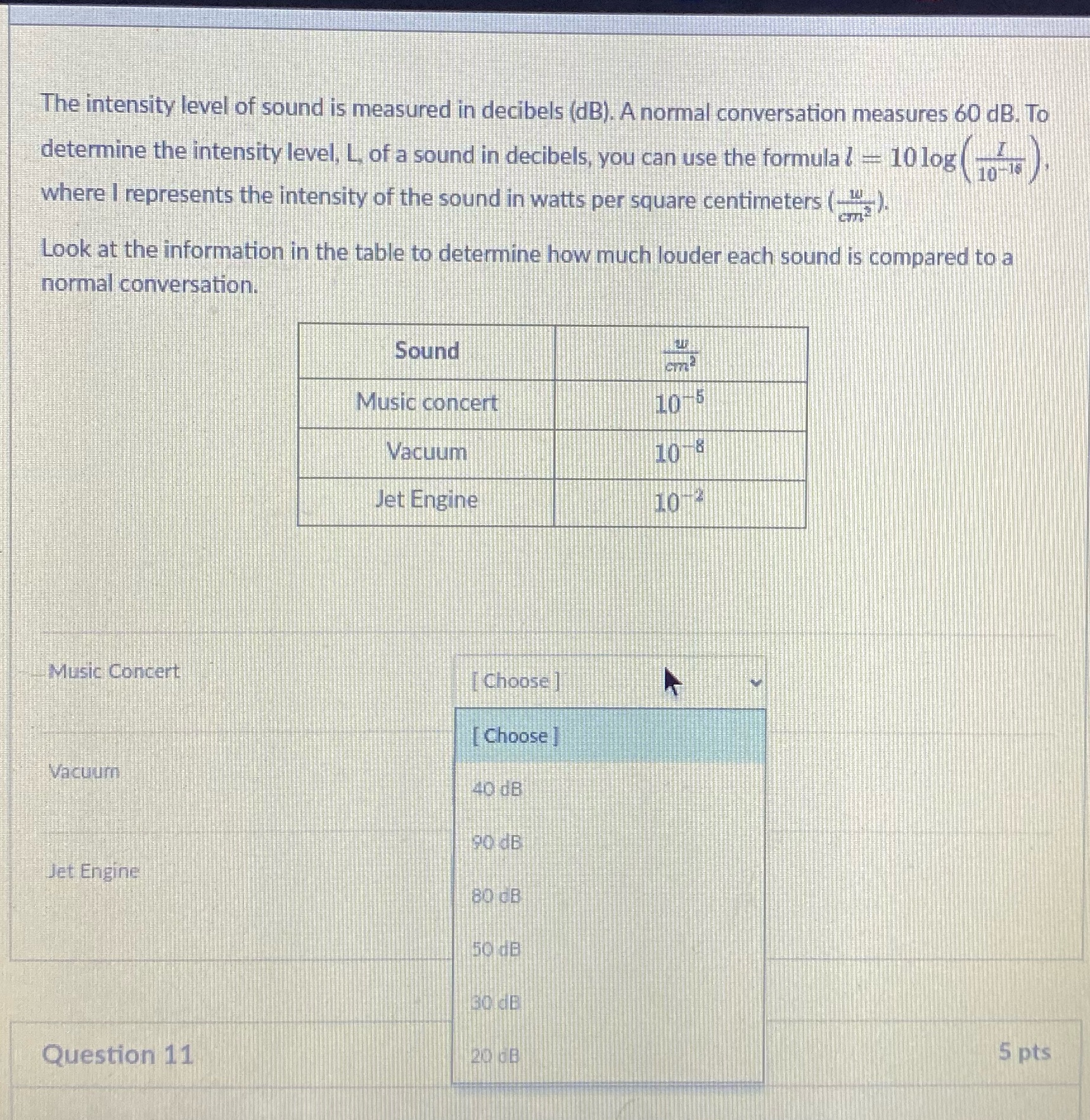 The intensity level of sound is measured in