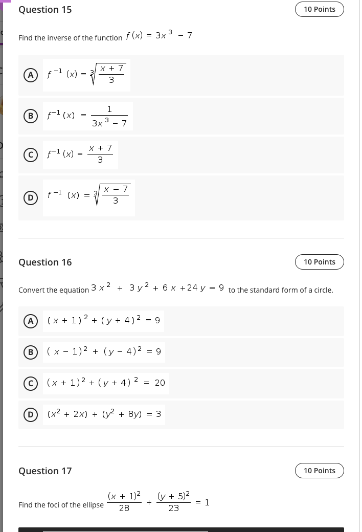 Question 15 10 Points Find the inverse of the