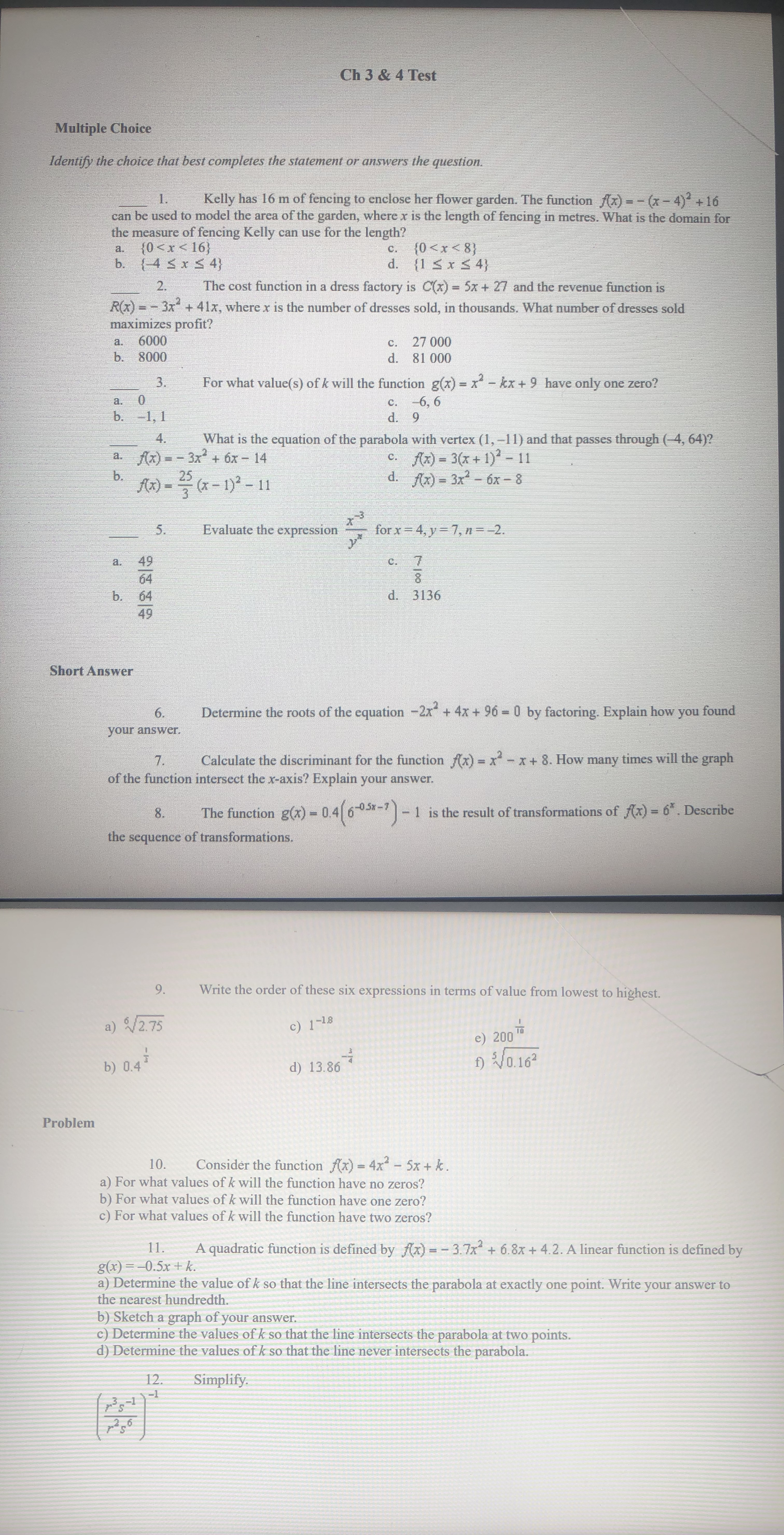Pls finish asap Ch 3 & 4 Test Multiple Choice