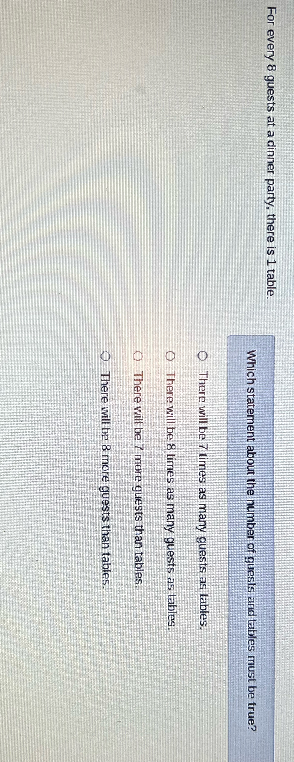 For every 8 guests at a dinner party, there is 1