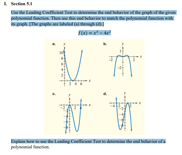 I. Section 5.1 Use the Leading Coefficient Test