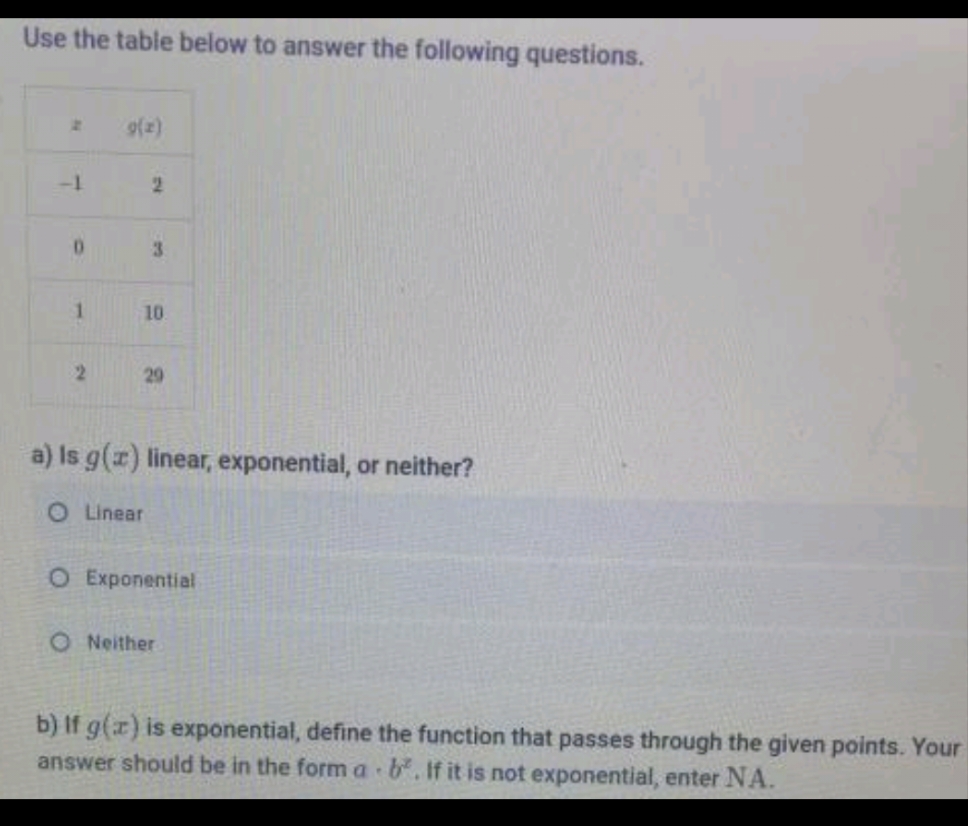 If g(x) is Use the table below to answer the