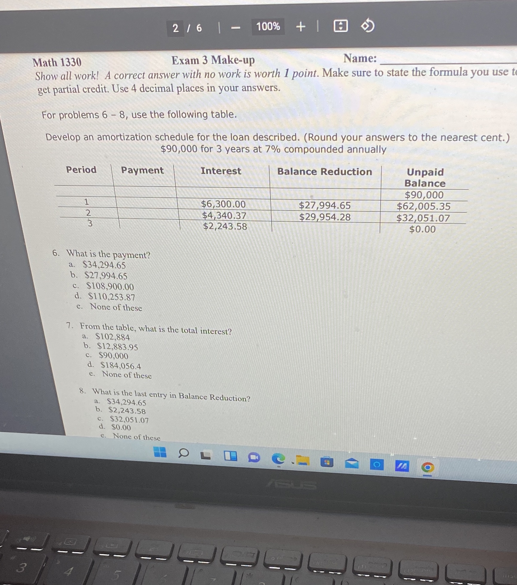 2/6 - 100% + Math 1330 Exam 3 Make-up Name: Show