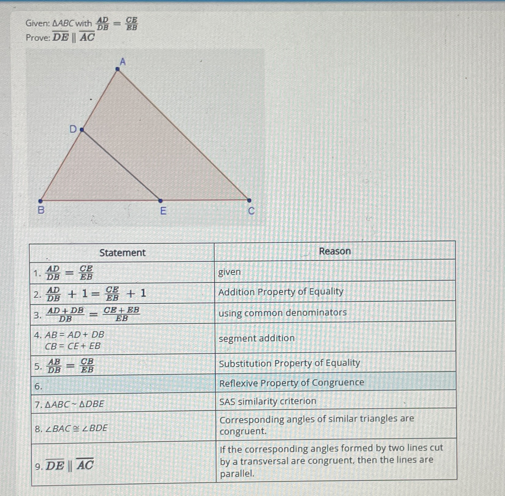 Given: AABC with B = BB Prove: DE || AC E