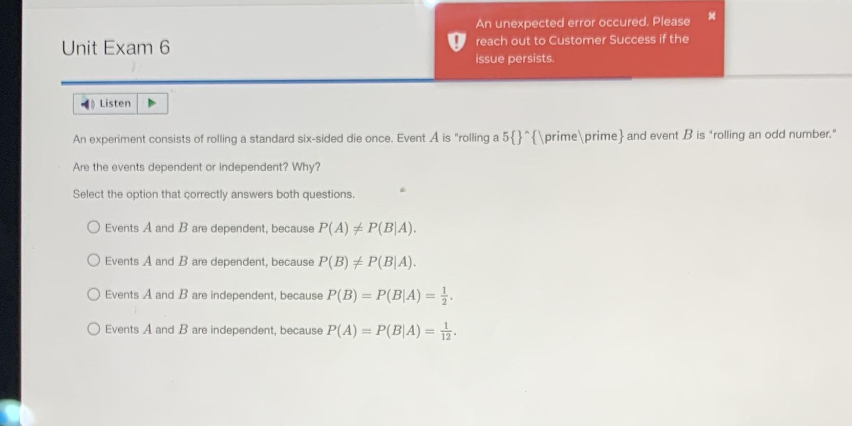 An unexpected error occured. Please Unit Exam 6