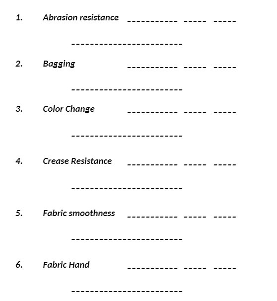 1. Abrasion resistance 2. Bagging 3. Color Change