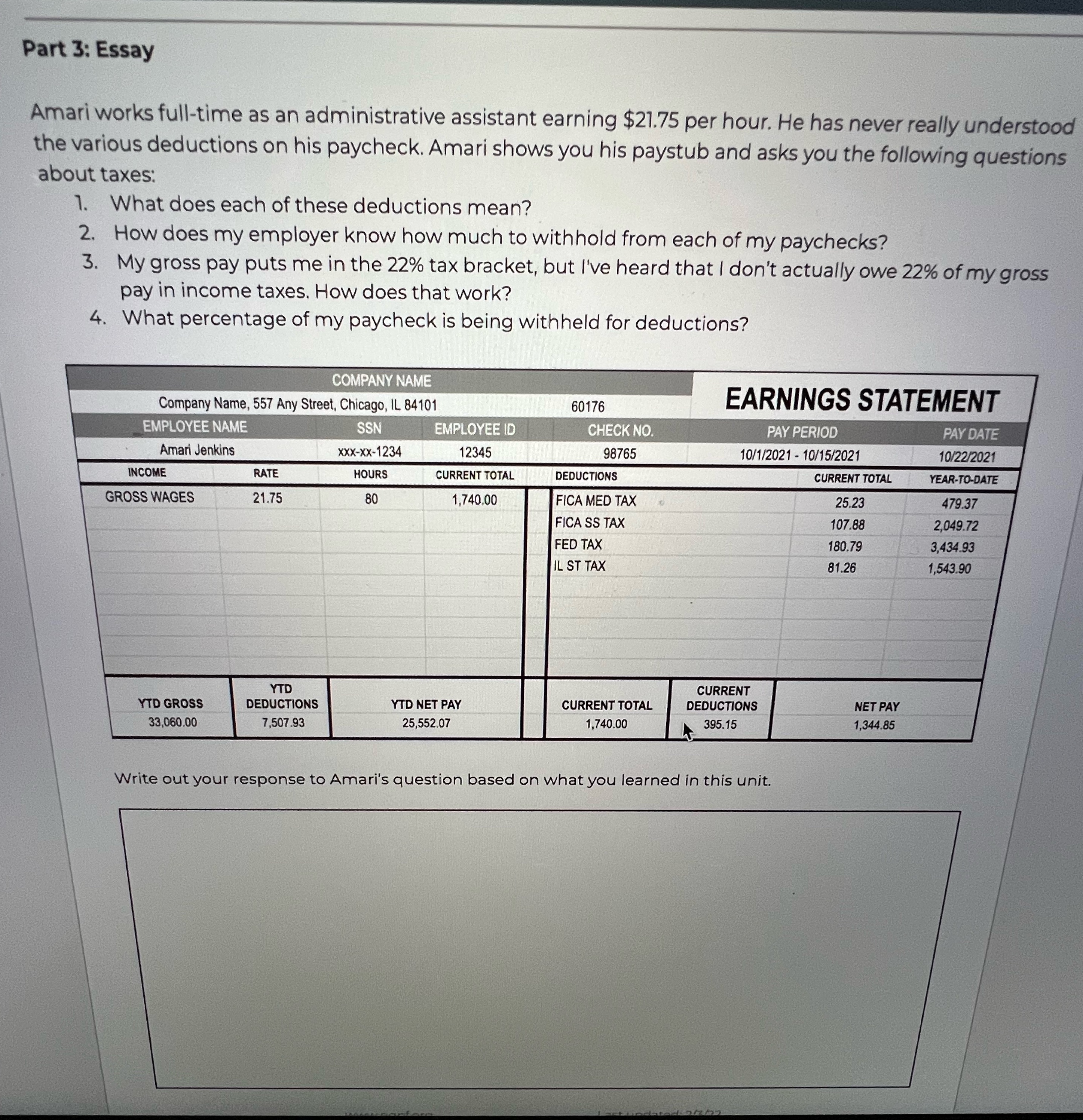 Help me out please Part 3: Essay Amari works