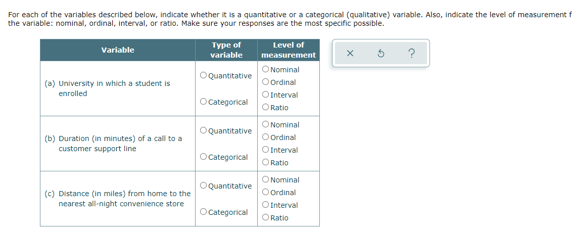 question 1 For each of the variables described
