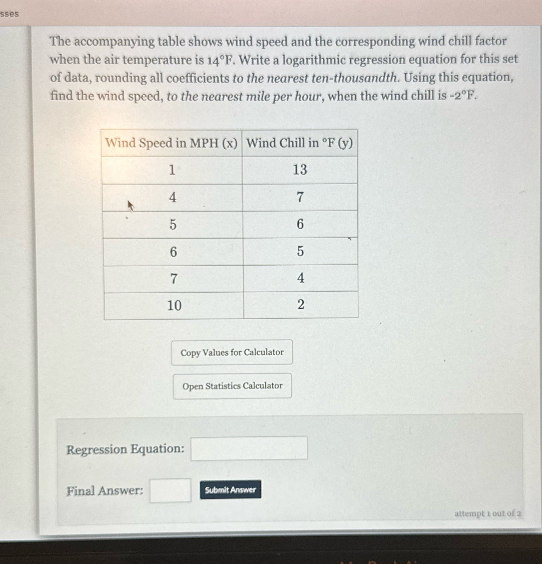 sses The accompanying table shows wind speed and