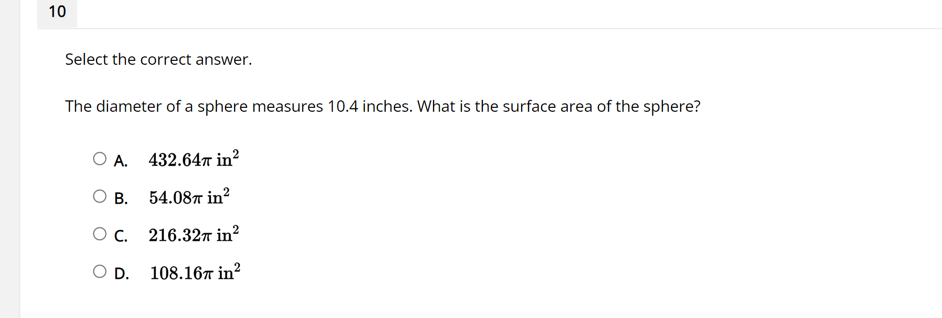 10 Select the correct answer. The diameter of a