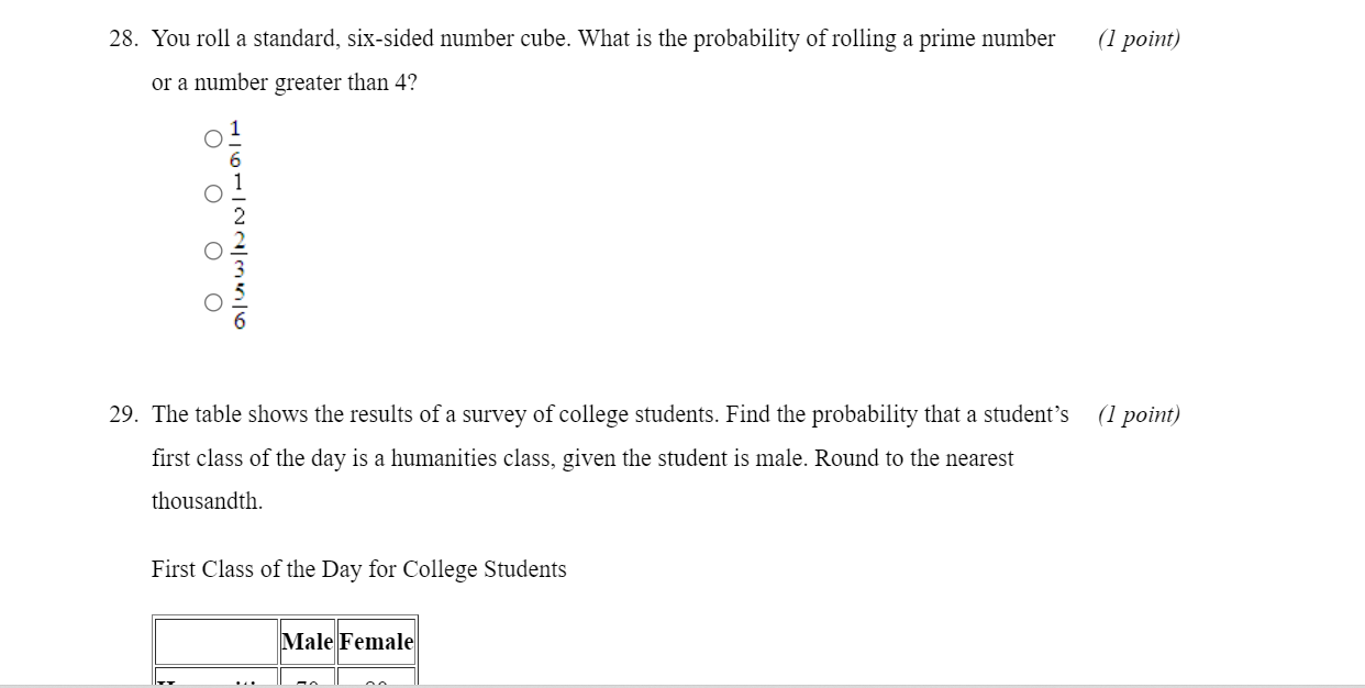 \f28. You roll a standard, six-sided number cube.