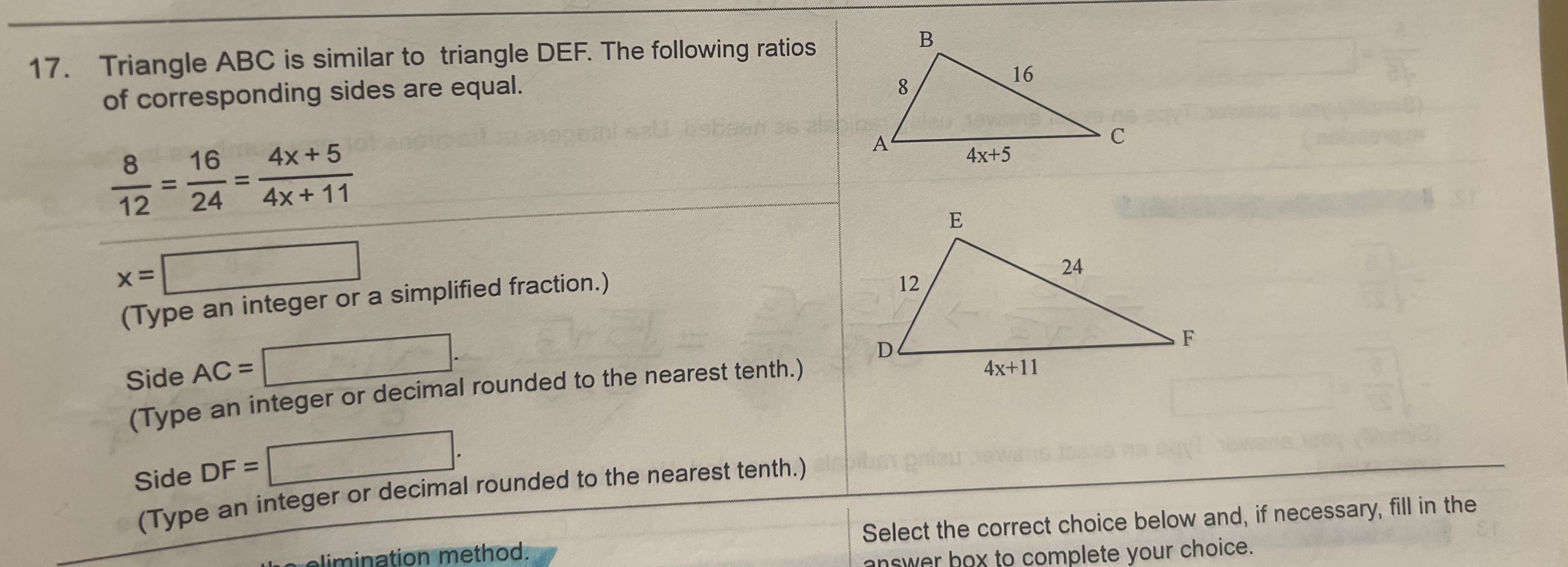 17. Triangle ABC is similar to triangle DEF. The