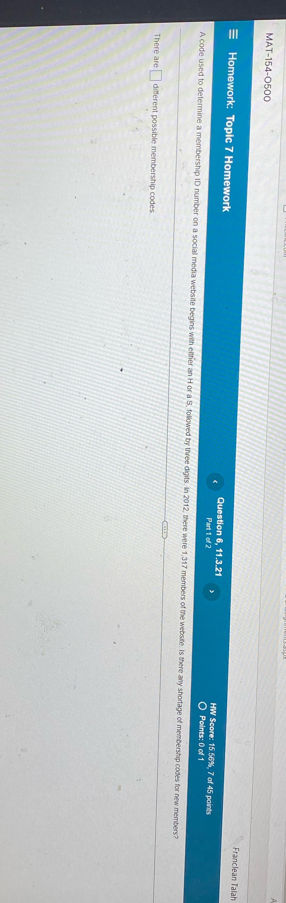 MAT-154-0500 Franclean Talah III Homework: Topic