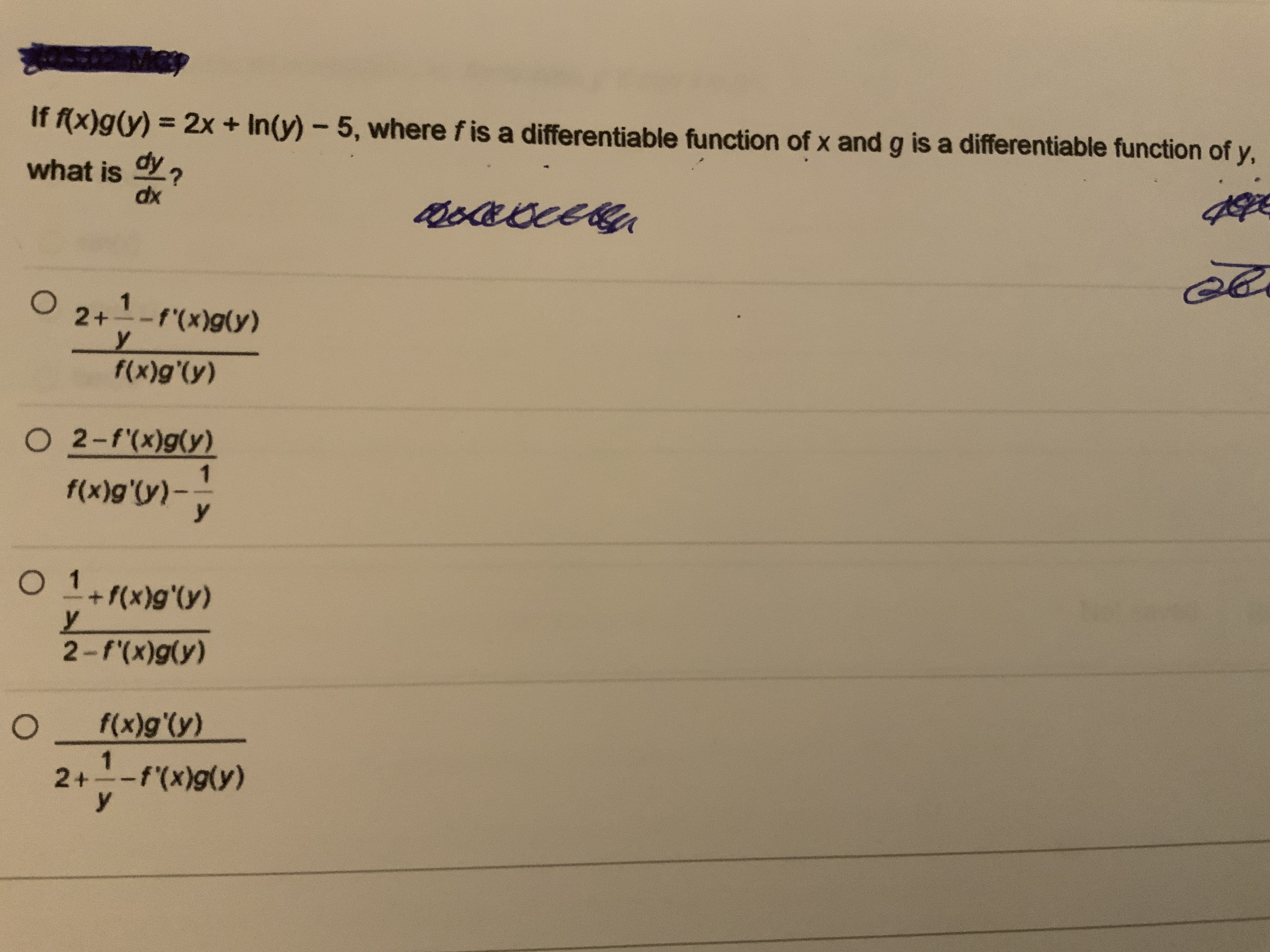 If f(x)g(y) = 2x + In(y) - 5, where f is a