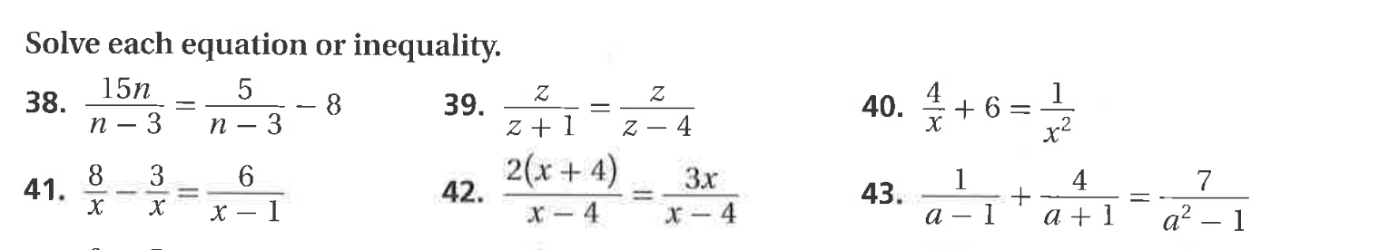 \fSolve each equation or inequality. 38. 15n 5 -