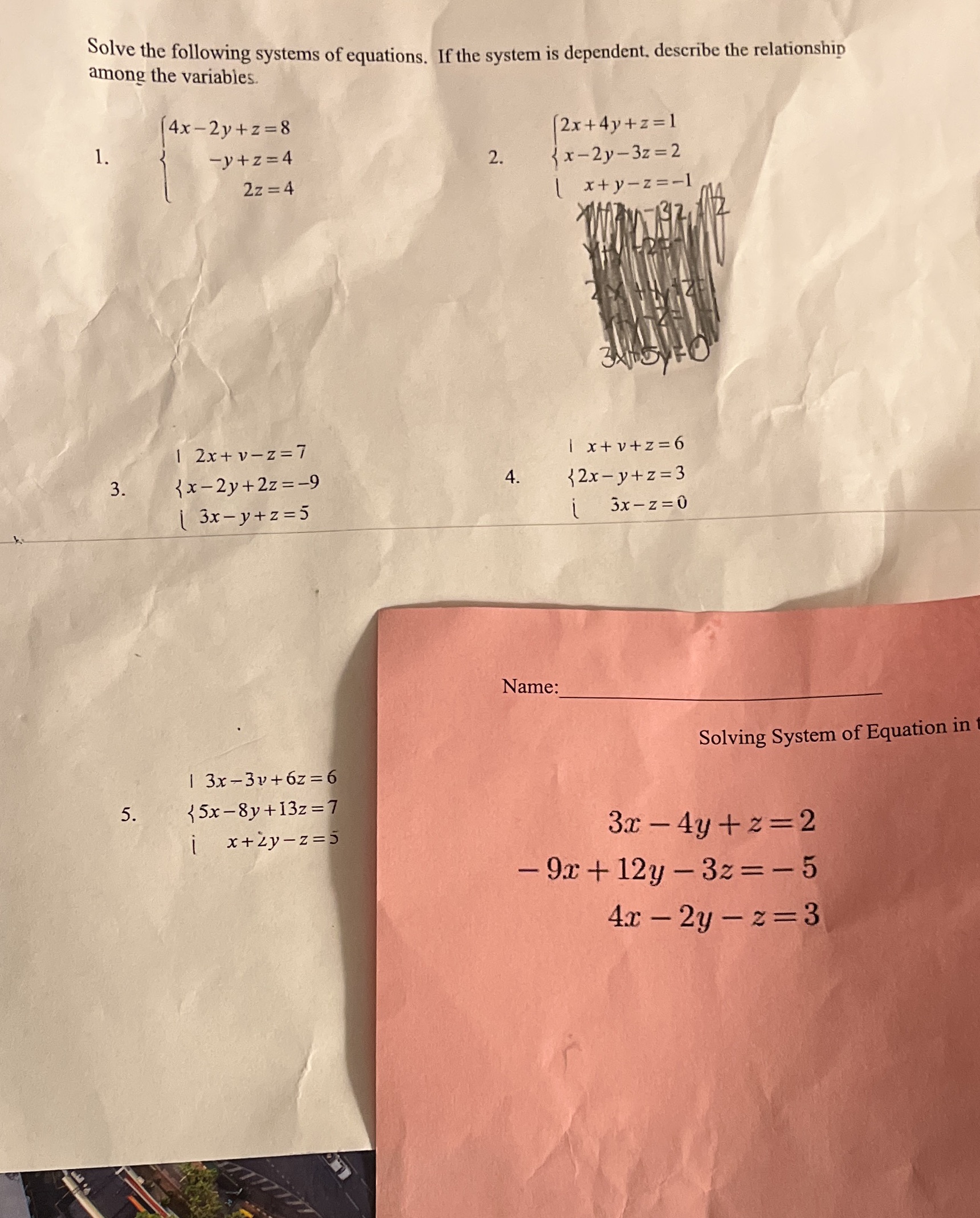 Show work Solve the following systems of