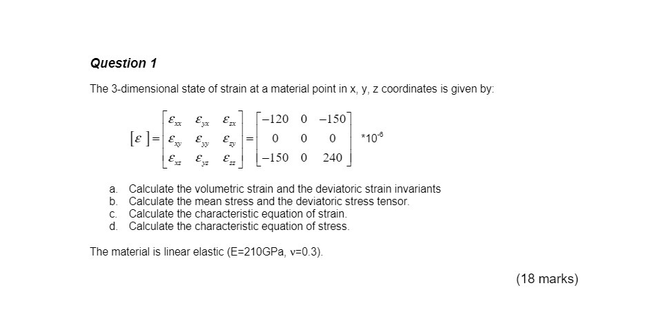 Question 1 The 3-dimensional state of strain at a