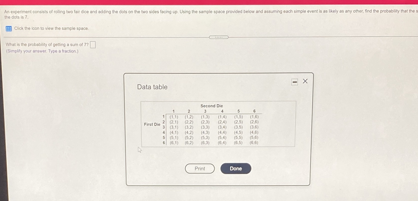 An experiment consists of rolling two fair dice