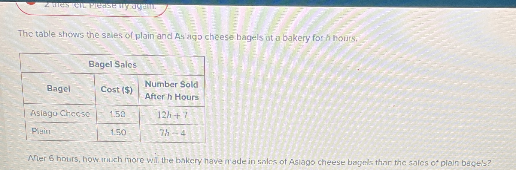 z mes leit. Please try again. The table shows the