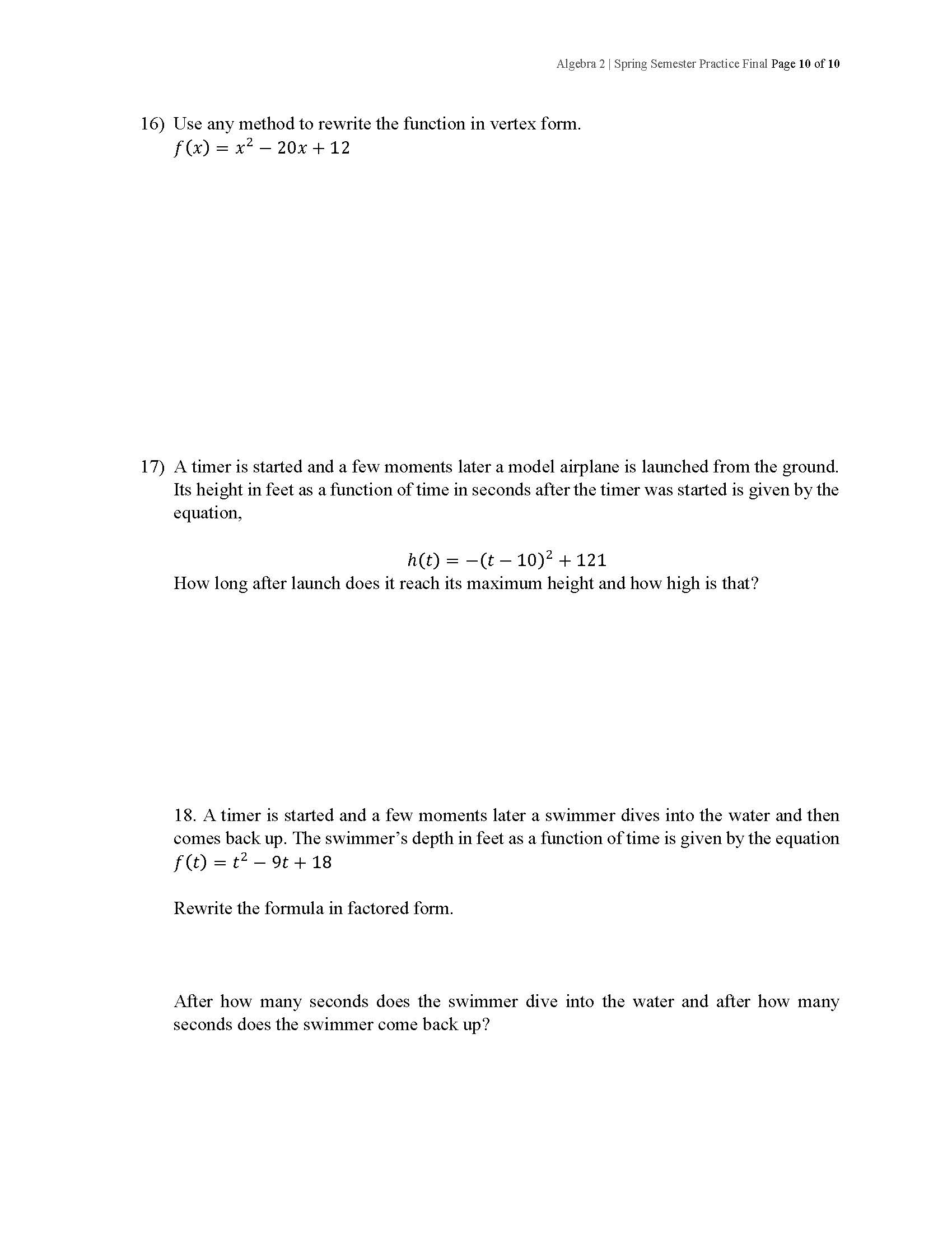 Algebra 2 1 Spring Semester Practice Final Page