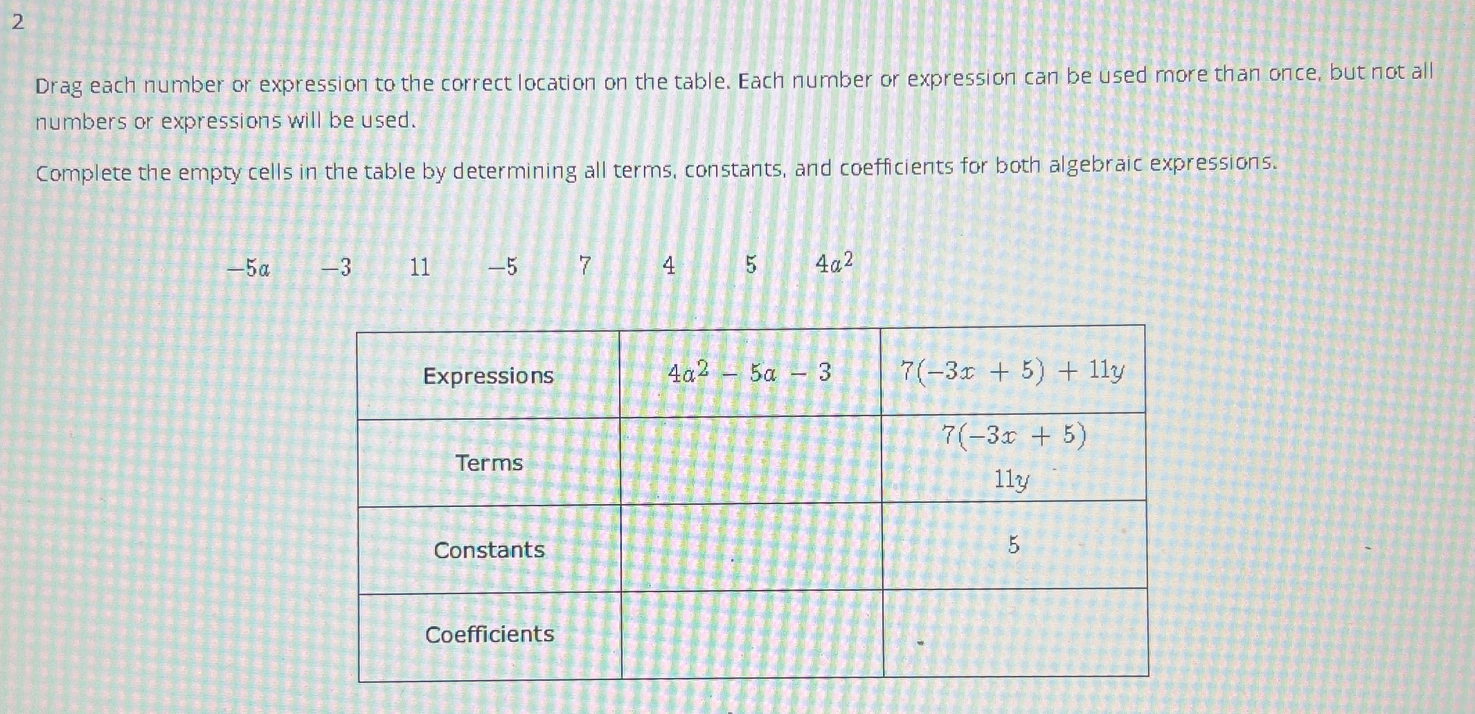 2 Drag each number or expression to the correct