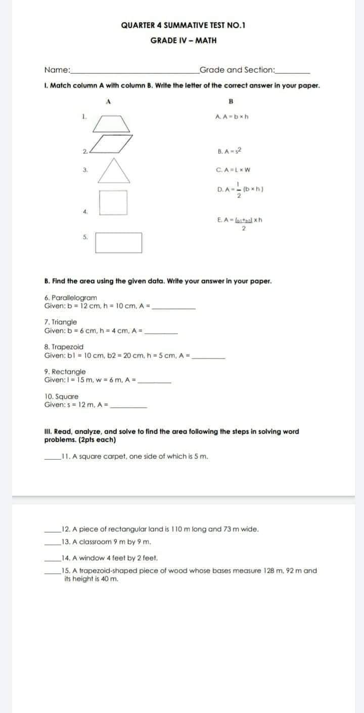 QUARTER 4 SUMMATIVE TEST NO.1 GRADE IV - MATH