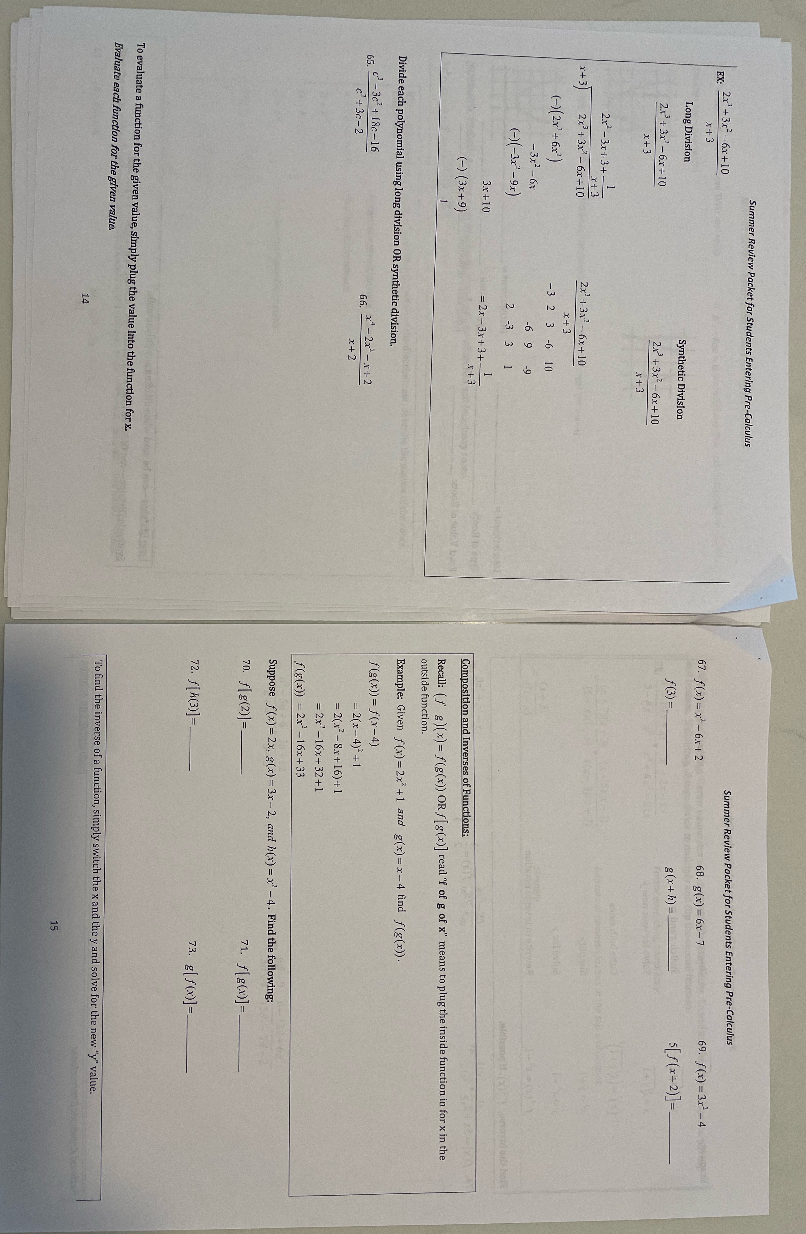 Summer Review Packet for Students Entering