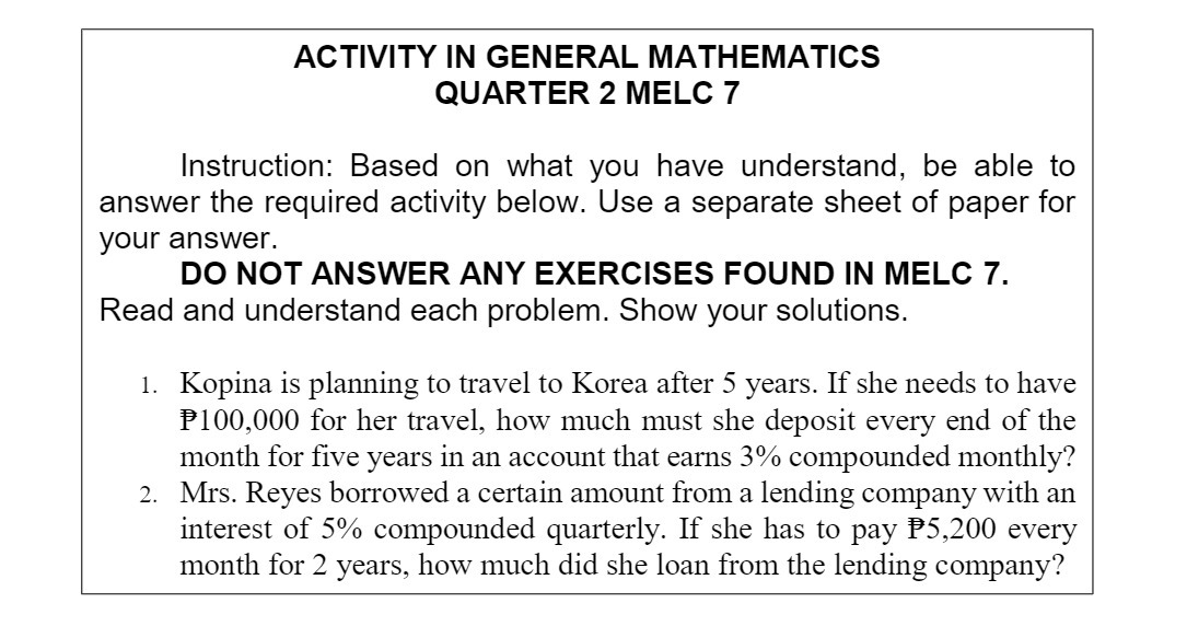 ACTIVITY IN GENERAL MATHEMATICS QUARTER 2 MELC 7