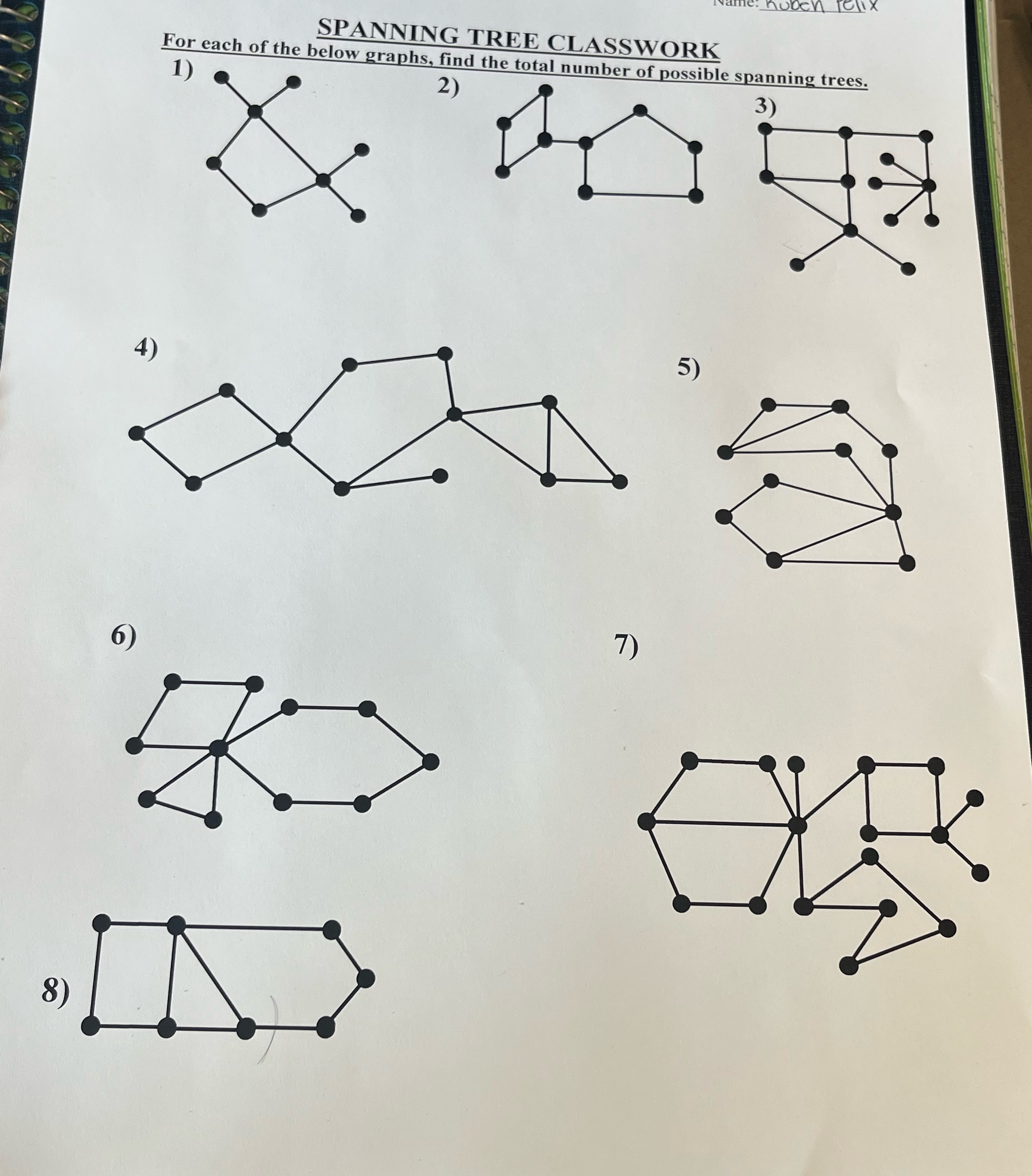 SPANNING TREE CLASSWORK For each of the below